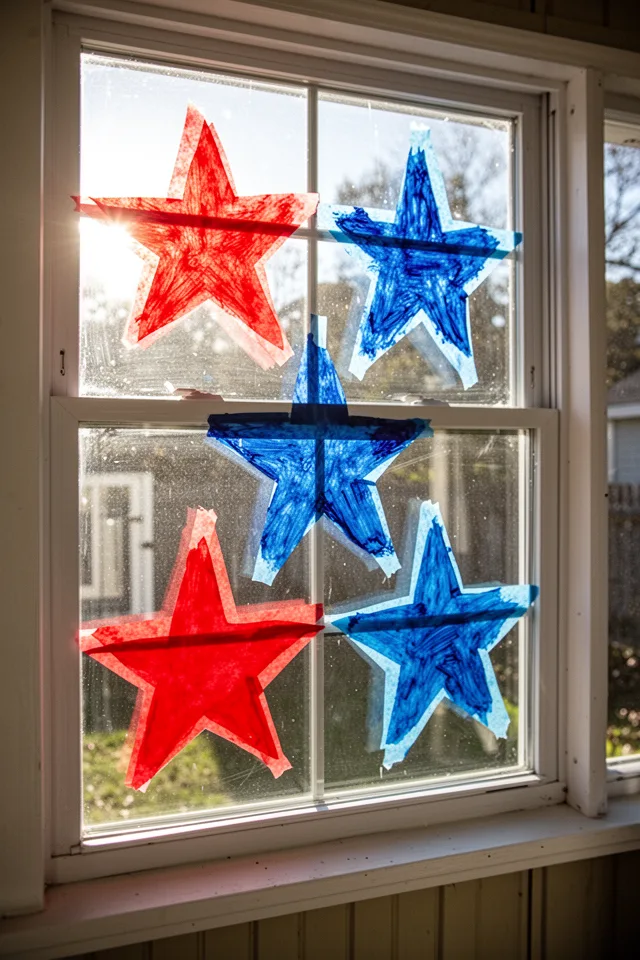 A porch window with large star shapes cut from wax paper and painted with red and blue translucent paint, taped to the glass from inside. Sunlight shines through, making the stars glow. The window frame is white. Bright morning.