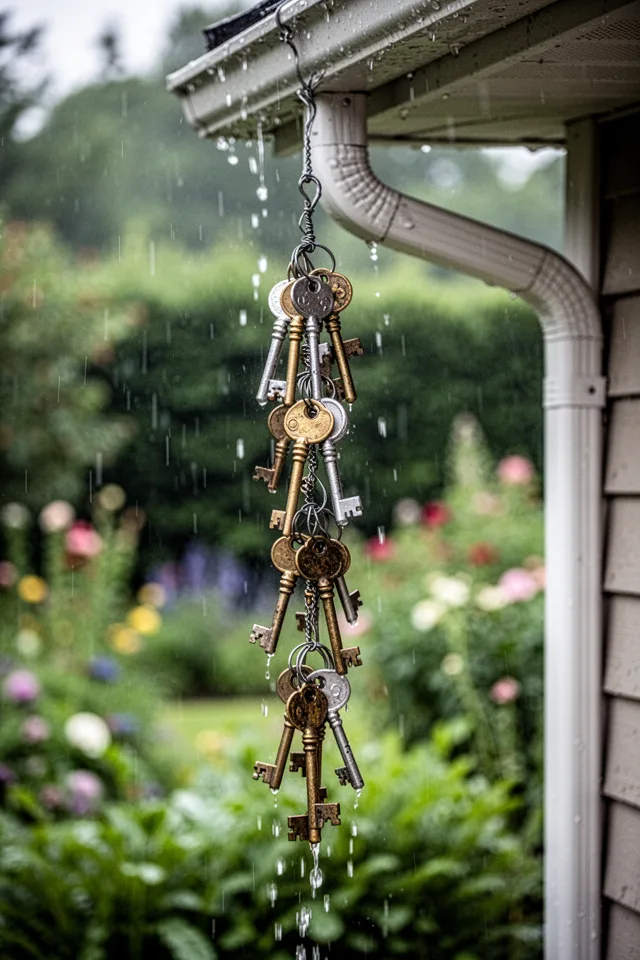 A rain chain hanging from a gutter downspout, made of old keys linked together on wire. The keys are tarnished brass and silver. Light rain is falling, water running down the chain. Soft focus garden background.