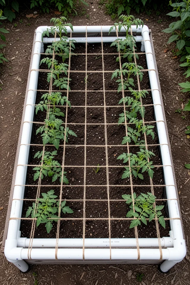 A raised bed with a PVC frame built around the perimeter, with twine strung across the top in a grid pattern. Tomato plants grow up through the grid openings. The PVC is white, the twine natural. Overhead view, organized and tidy.