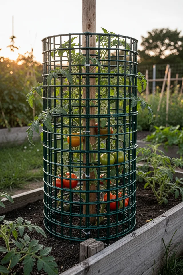 A raised garden bed with a tomato plant growing inside a cylinder made from concrete reinforcing mesh. The mesh has 6-inch squares, painted dark green to blend in. The cylinder is 5 feet tall, secured to a wooden stake. Fruit is visible through the openings. Late afternoon sun, healthy tomato leaves.