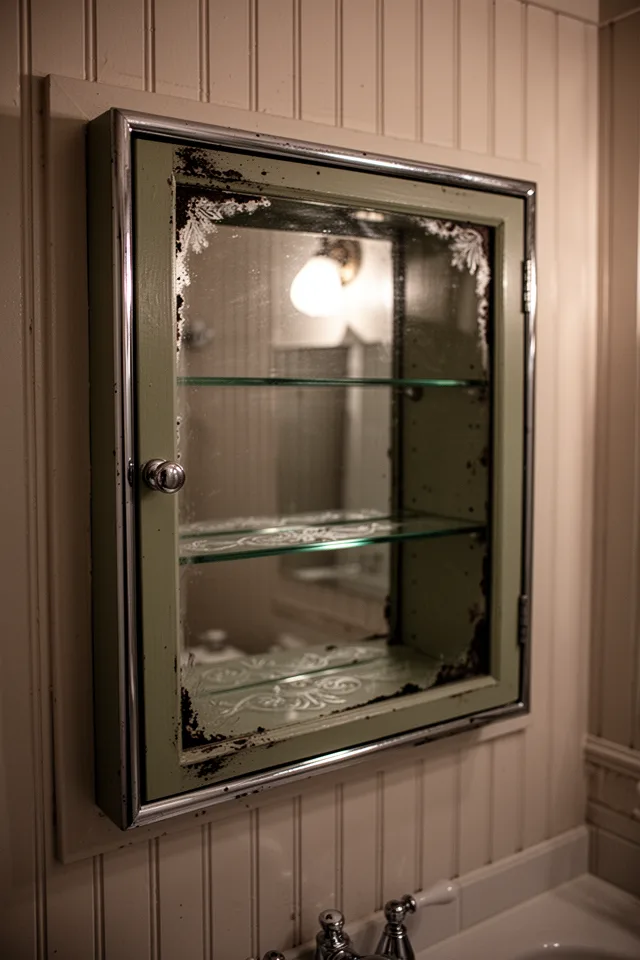 A recessed vintage medicine cabinet mounted in a beadboard wall, its mirror showing subtle silvering loss at the edges — a dark feathering of age that catches the light. The cabinet is painted a muted sage green on the outside, with a chrome frame and a single push-button latch. Inside, the shelves are glass with etched edges. The bathroom around it is dim, with a single warm bulb reflecting off the mirror