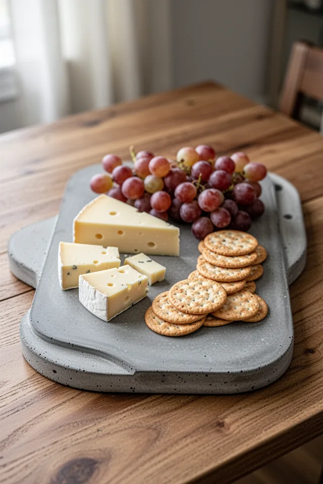 A rectangular concrete board (12x8 inches, 1/2 inch thick) with rounded corners, sitting on a wooden table. It holds cheese, crackers, and grapes. The concrete is smooth and sealed, slightly darker gray. Soft natural light, food styling.