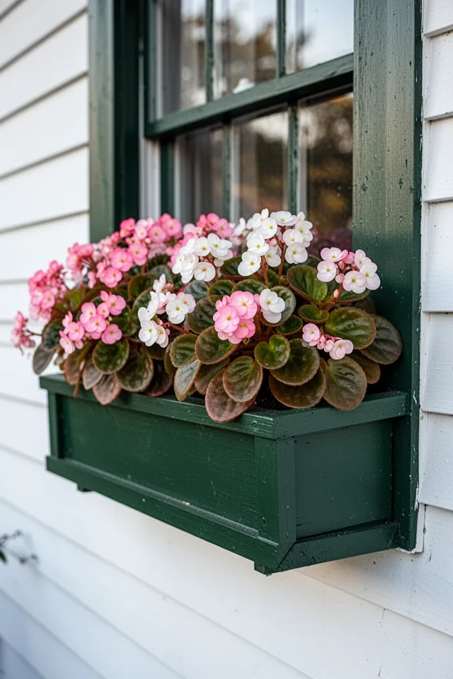 16 Container Gardening Flowers That Bloom All Season A rectangular window box filled with pink and white wax begonias. The leaves are waxy, round, bronze-green in color. The flowers are small, clustered, and simple — four petals each. The window box is dark green painted wood, mounted on a white house. Soft morning light, no harsh shadows.