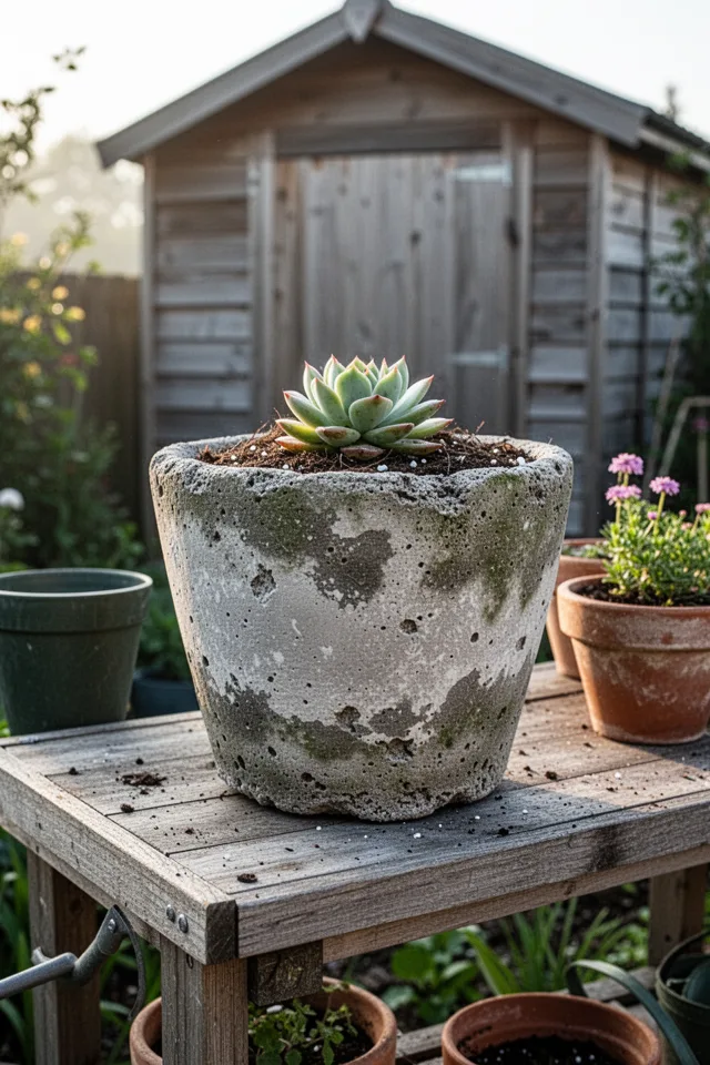 A rough-textured, lightweight concrete planter sitting on a potting bench. The planter is made from hypertufa (cement, peat moss, and perlite) and has a worn, aged look. It