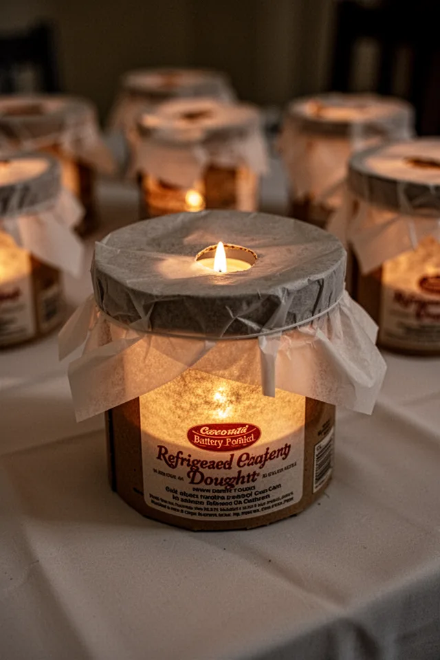 A round cardboard box from refrigerated pastry dough, wrapped in white tissue paper and lit from within by a battery tea light. A small hole cut in the top lets light escape. The lantern sits on a table with several others like it. Warm glow, soft shadows.