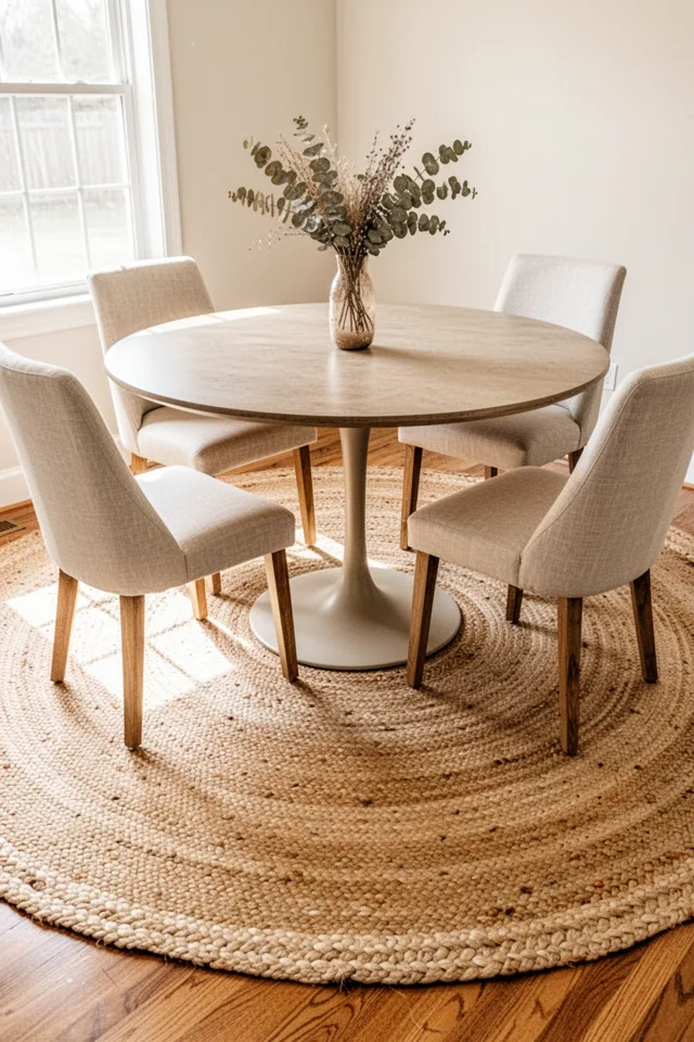 A round dining table with a single central pedestal base stands on a large round jute rug. The rug is about 6 feet in diameter, larger than the table, leaving at least 24 inches of clearance on all sides. The jute is natural, pale, with a braided edge. Four upholstered dining chairs with wooden legs sit around the table, their front feet resting on the rug, back feet on the hardwood floor. Warm morning light streams from a window to the left. The texture of the jute is visibly coarse, slightly irregular. A single vase of dried eucalyptus sits in the center. No shadows from the table base because the rug is perfectly centered. The image feels airy, light, a little bohemian but controlled.