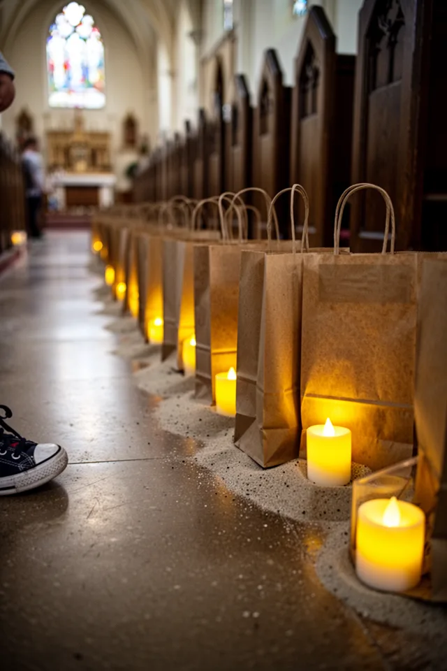 A row of brown paper lunch bags on a church hallway floor, each bag weighted with sand and containing a battery-operated tea light. The bags glow warm yellow from within. A child