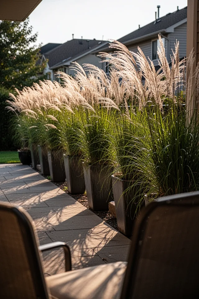 18 Cozy Patio Ideas To Enjoy This Summer A row of tall, narrow pots with ornamental grasses (miscanthus or feather reed) lining one side of a patio. The grasses sway in the breeze, partially blocking the neighbor’s house. Late afternoon light, shadows of grass blades on the ground. Shot from behind a chair, looking through the grass.