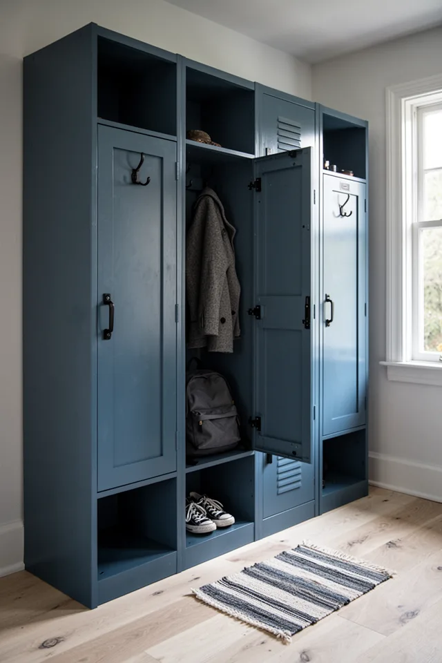A row of three tall lockers, each with a full-length door, a top shelf, a lower cubby, and a hook rail. The lockers are painted a deep slate blue with matte black hardware. One door is open, revealing a neatly hung coat, a backpack on the lower shelf, and a pair of sneakers on the floor. The room has wide plank white oak flooring. A small striped runner lies in front. The light comes from a window on the right. Photographed from the side, showing depth and shadow, 50mm lens.