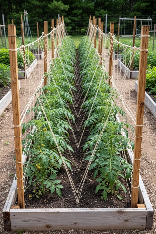 A row of tomato plants in a raised bed with T-posts at each end and every fourth plant. Twine is woven between the posts on both sides of the plants, creating a V-shaped support. The plants are neatly held between the twine layers. Bright daylight, organized garden setting.