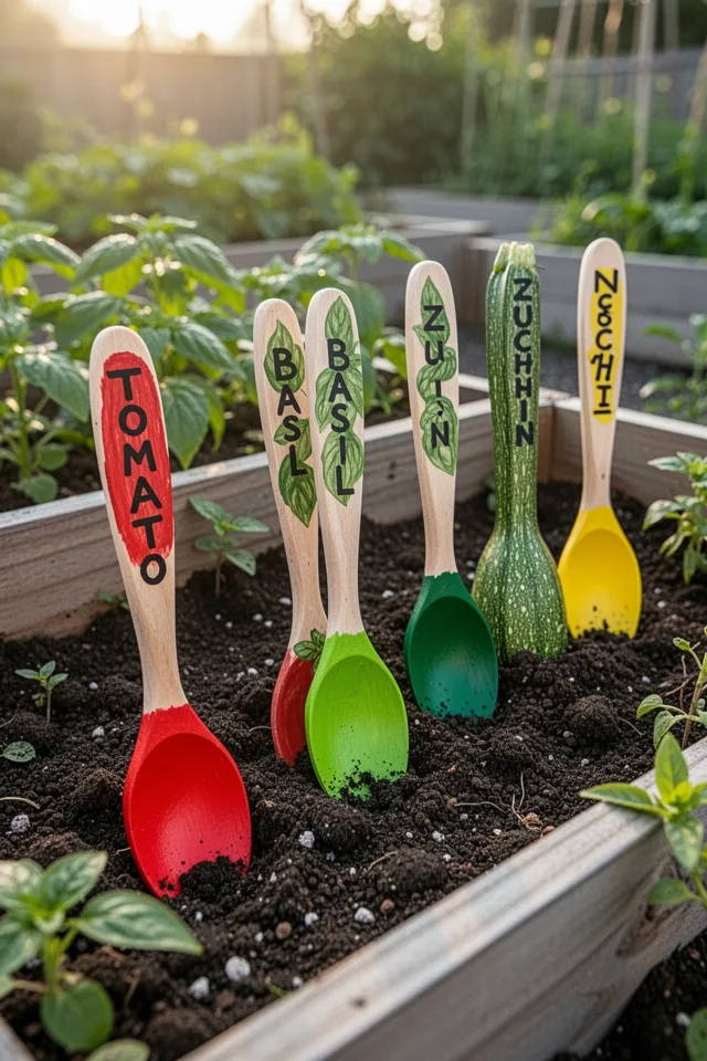 A row of wooden spoons stuck in garden soil, each spoon handle painted with a vegetable name: "TOMATO," "BASIL," "ZUCCHINI." The spoon bowls are painted bright colors. Morning light, organized raised bed.