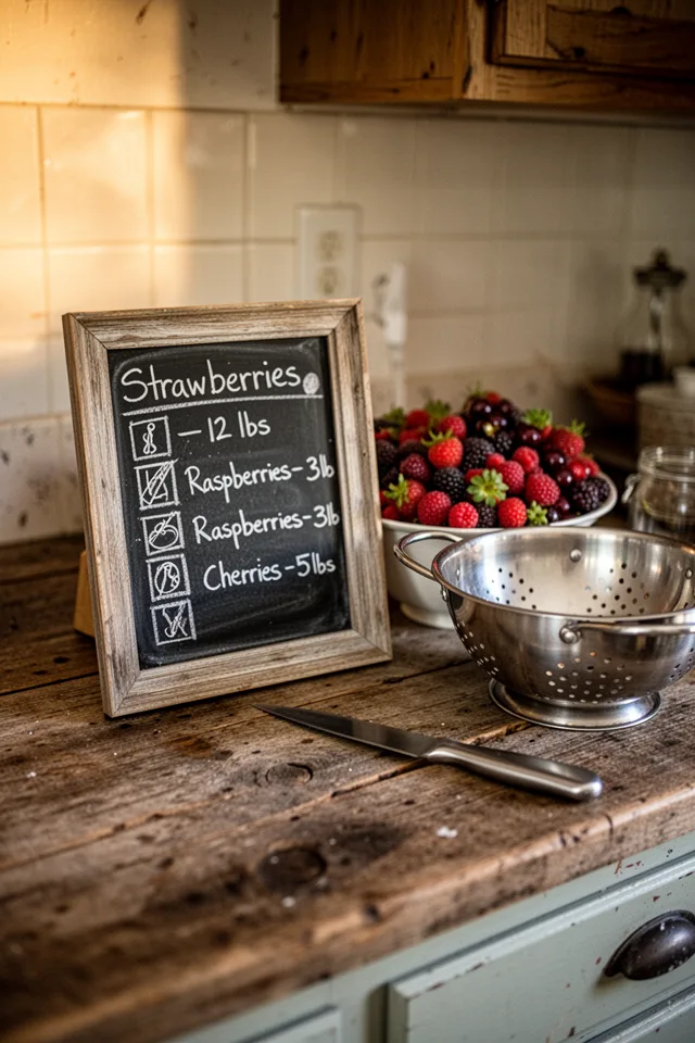 A rustic kitchen counter with a small framed chalkboard leaning against a bowl of mixed berries. The board has a hand-drawn tally chart: "Strawberries – 12 lbs, Raspberries – 3 lbs, Cherries – 5 lbs." A paring knife and a colander nearby. Late June evening light, slightly golden.