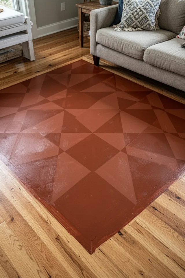 A section of hardwood floor (maybe 4x6 feet) painted in a deep terra-cotta diamond pattern. The paint is on a rug-size area near a sofa. The rest of the floor is natural wood. The painted area defines the seating zone. The edge is crisp, not faded—fresh paint, well-sealed.