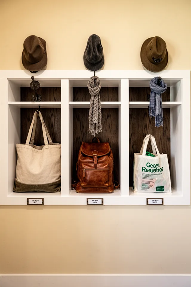 A section of wall with three cubbies, each 15 inches wide, 18 inches tall, and 18 inches deep. In the left cubby: a large canvas tote bag. In the middle: a leather backpack. In the right: a reusable grocery bag folded neatly. Above each cubby, a hook holds a hat or scarf. The cubbies are painted white, with a dark wood interior back. A small label plate is mounted under each cubby. The wall color is a warm cream. The scene is organized but not sterile. Photographed straight on, with even lighting.