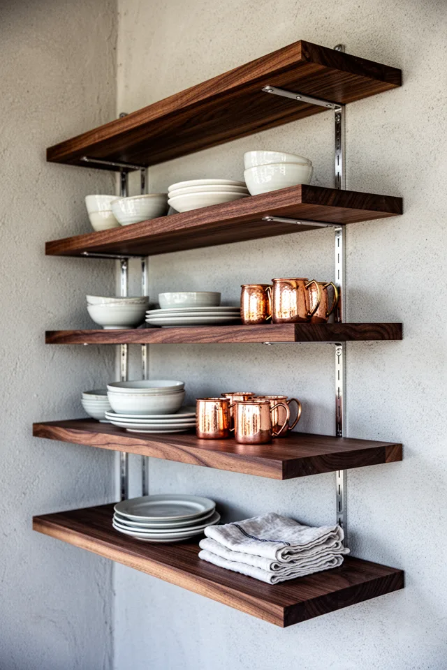 A series of open shelves mounted to a covered wall. The shelves are made of dark brown Ipe wood, each one 1.5 inches thick and supported by hidden stainless steel brackets. The shelves hold ceramic dishes, a few copper mugs, and a stack of linen napkins. The wood has a subtle grain and feels warm. The wall behind is a light grey stucco.