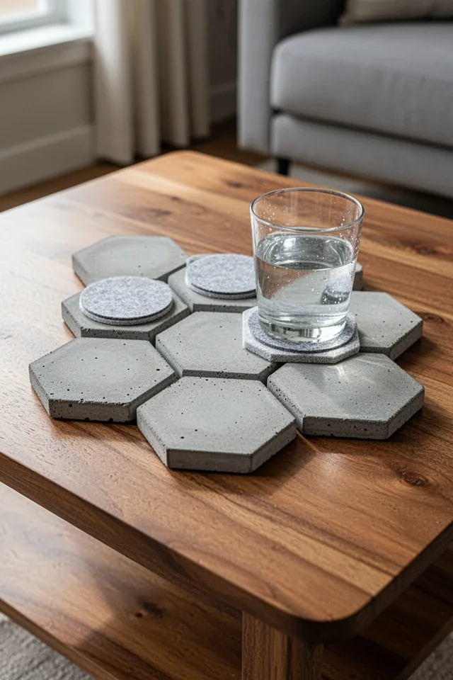 A set of six gray concrete coasters in a hexagonal shape, arranged in a honeycomb pattern on a wooden coffee table. A glass of water sits on one coaster. The coasters have felt pads on the bottom. Soft natural light.