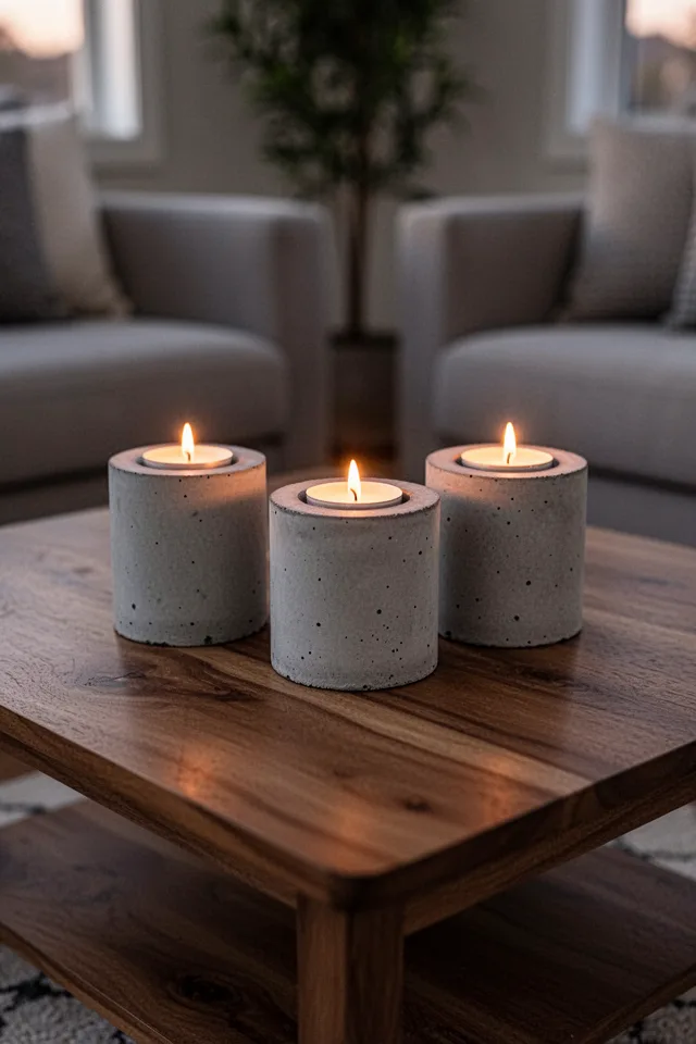 A set of three concrete cylinders (2 inches tall, 1.5 inches diameter) arranged on a wooden coffee table. A tea light candle sits in each. The concrete is smooth and pale gray. Soft evening light, warm glow from candles.
