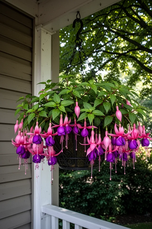 16 Container Gardening Flowers That Bloom All Season A shaded corner of a porch, a hanging basket filled with fuchsia flowers in pink and purple. The petals are layered, teardrop-shaped, hanging down like jewelry. The leaves are bright green with slightly serrated edges. The basket is dark iron. Morning light filters through the leaves of a tree overhead. No direct sun.