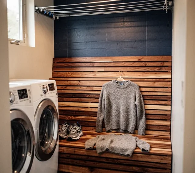 A shallow niche beside the washer and dryer, lined with horizontal slatted wood (cedar or teak), with a slim retractable