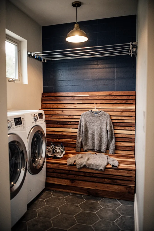 A shallow niche beside the washer and dryer, lined with horizontal slatted wood (cedar or teak), with a slim retractable clothesline overhead. A single warm pendant light hangs above. On the slats: a pair of wet sneakers and a wool sweater laid flat. The wall behind the slats is dark navy tile. The floor is a matte porcelain hexagon in a muted charcoal. Natural light from a small window to the left. The scene feels calm, not industrial. Shot from a low angle, slightly warm color grade, 35mm lens, shallow depth of field.