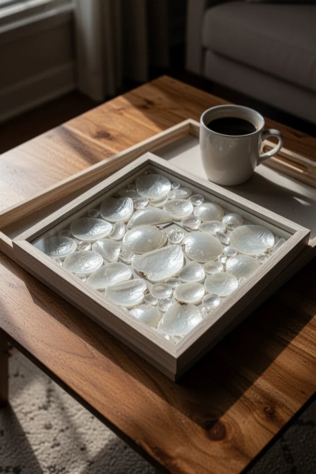 16 Capiz Shell Decor Ideas For A Dreamy Coastal Summer A shallow shadow box picture frame lying flat, filled with a single layer of mixed capiz shells in various shapes and sizes. The glass is removed, so the shells are exposed. A coffee cup sits on the tray. Morning light on a wooden coffee table.