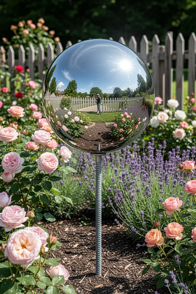A shiny silver gazing ball mounted on a rebar stake in a flower bed. The ball reflects the surrounding garden—roses, lavender, a picket fence. Bright afternoon sun, clear reflections.