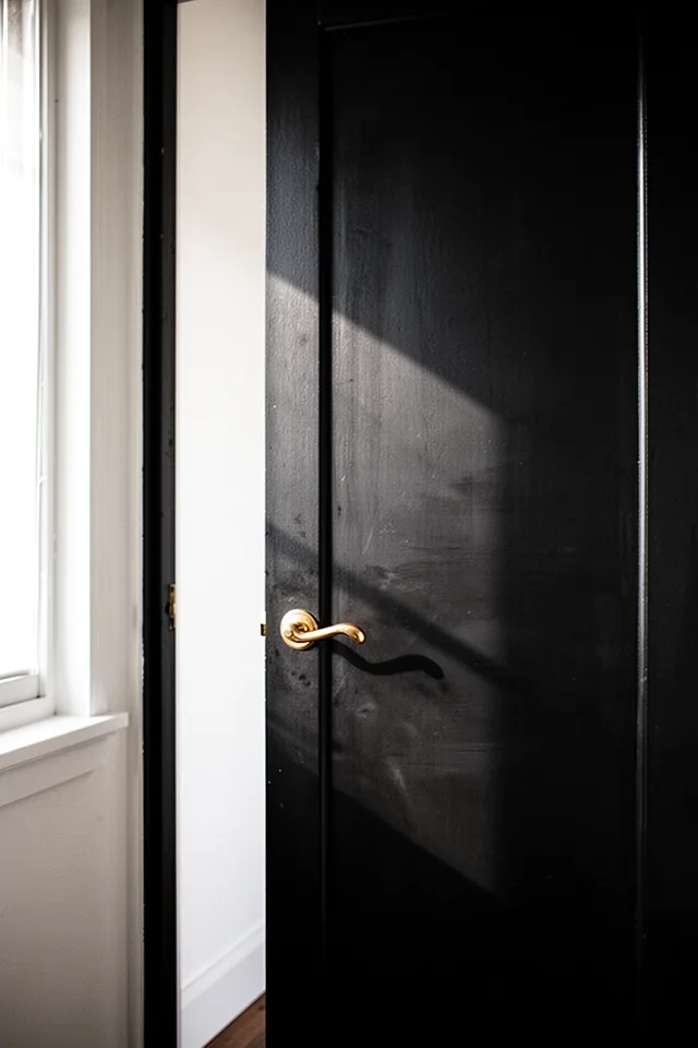 A single interior door painted deep matte black, with a brass lever handle. The door is slightly ajar, showing a sliver of white wall beyond. Morning light from a nearby window creates a soft diagonal shadow across the door surface. No people. Clean, simple composition with a slightly moody, editorial feel.