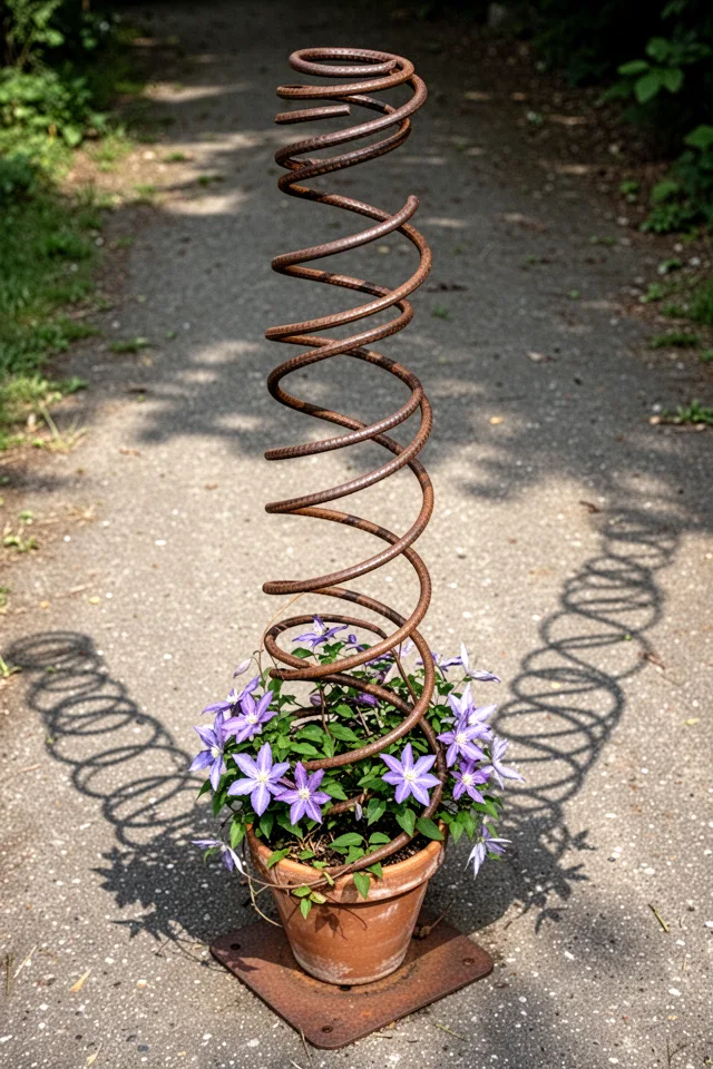 A single length of 1/2-inch rebar bent into a loose spiral that rises from a base plate to about 5 feet high. The rebar is clean and uncoated; a light rust already speckles the surface. At the base, a pot of clematis winds around the lowest coil. The spiral casts a twisting shadow on the ground that moves with the sun.