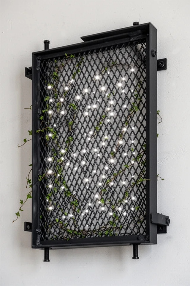 A single sheet of expanded metal mesh—the kind with diamond-shaped openings—mounted inside a heavy steel frame painted matte black. The panel is mounted on standoffs so it floats 3 inches off the wall. Vines weave through the diamond openings, and the metal catches light in a grid of small highlights.