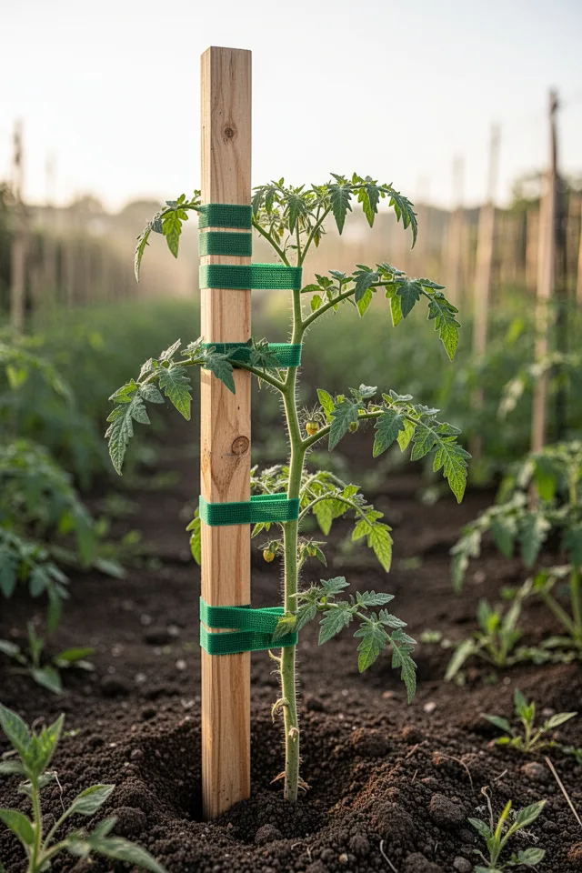 A single tomato plant tied to a 7-foot wooden stake using green velcro plant tape. The stake is driven 12 inches into the soil. The plant is pruned to a single main stem. Morning sun, neat and minimal setup.