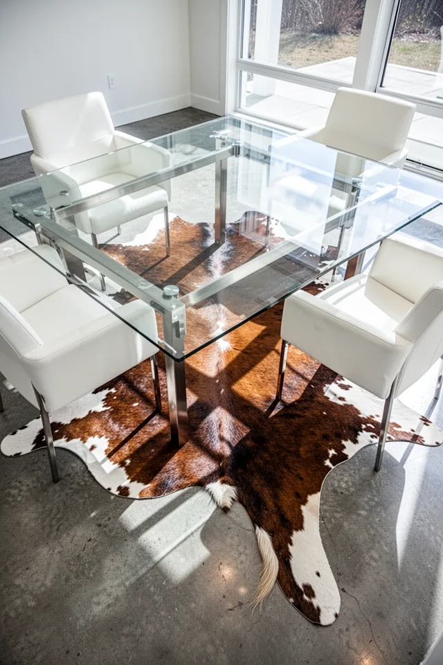 A sleek dining room with a clear glass table on a stainless steel base. Underneath, a large cowhide rug — brown and white patches with irregular edges. The hide is placed off-center so the tail end extends beyond one side of the table. The transparency of the glass allows the cowhide pattern to be fully visible. Four white leather armchairs surround the table. The room has a polished concrete floor. Bright daylight from large windows casts shadows of the chairs onto the hide. The contrast between the organic hide and the industrial glass is striking.