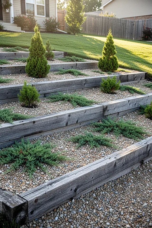 A sloped front yard terraced with three levels held by railroad ties. Each terrace is filled with pea gravel and planted with creeping juniper and a single dwarf spruce. The ties are weathered gray. Morning sun.