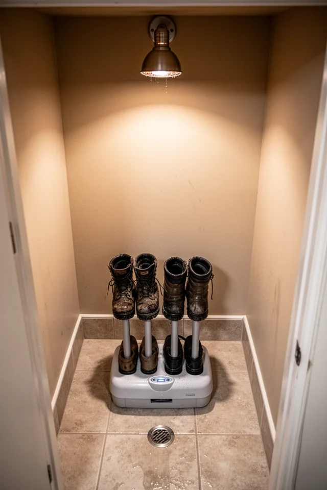 A small alcove or cubby with a boot dryer unit sitting on the floor. Two pairs of wet boots are placed upside down on the dryer tubes. The alcove is lined with floor tile that has a slight texture (like a matte ceramic) and a small drain at the base. The wall above is painted a warm beige. A low-wattage heat lamp is mounted on the ceiling. The scene feels practical but intentional — not like a utility closet. Shot from above, slightly angled, with a soft shadow from the heat lamp.