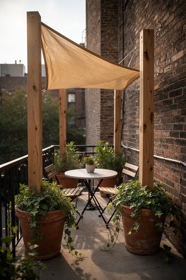 A small balcony or patio with two cedar posts in large planter pots, supporting a triangular beige shade sail. A bistro table underneath catches dappled light. The pots are filled with trailing ivy. Late afternoon sun, warm tones. Lens: 24mm, f/4. Realistic urban setting with visible brick wall.