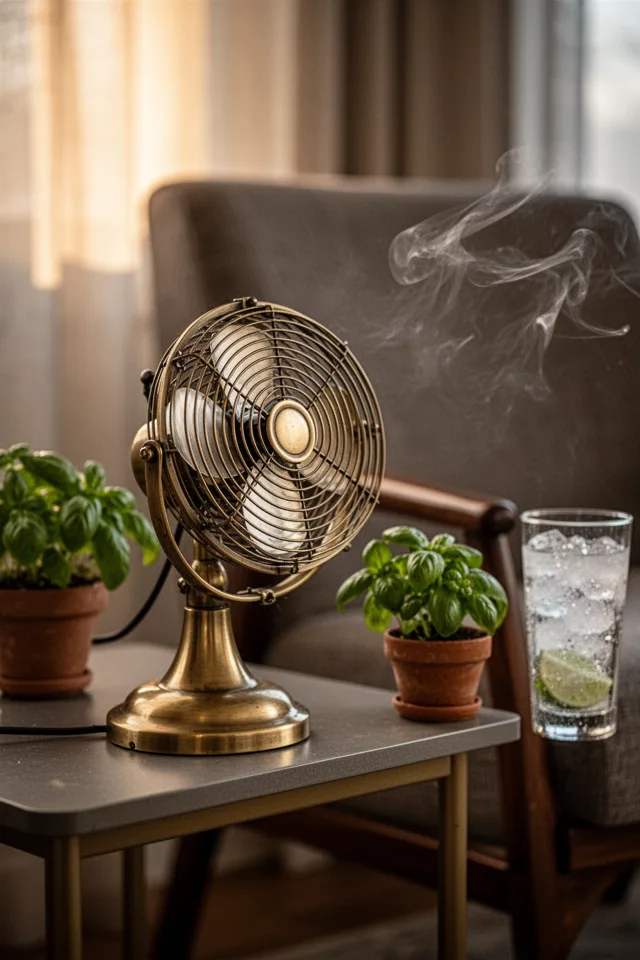 18 Cozy Patio Ideas To Enjoy This Summer A small brass tabletop fan, sitting on a side table, pointed at a chair. Next to it, a small potted basil plant and a glass of something cold. Late afternoon light, slight breeze visible in fabric. No smoke, no coils. Shot close on the fan blades, blurred background.
