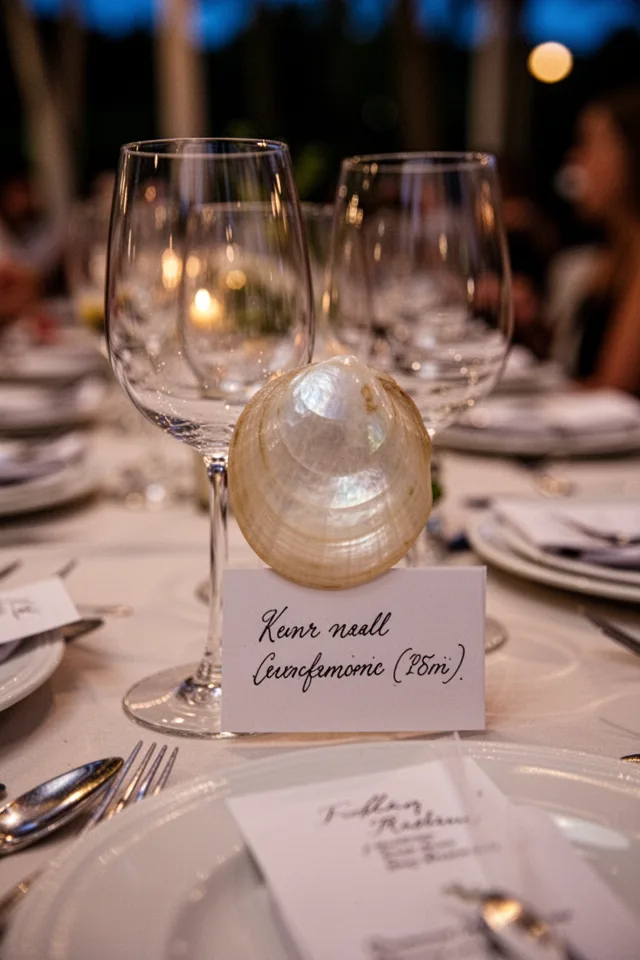 16 Capiz Shell Decor Ideas For A Dreamy Coastal Summer A small capiz shell propped against a wine glass, with a handwritten place card tucked underneath. The shell is about 2 inches across, natural color. Several place settings visible in soft focus. Warm evening dinner light.