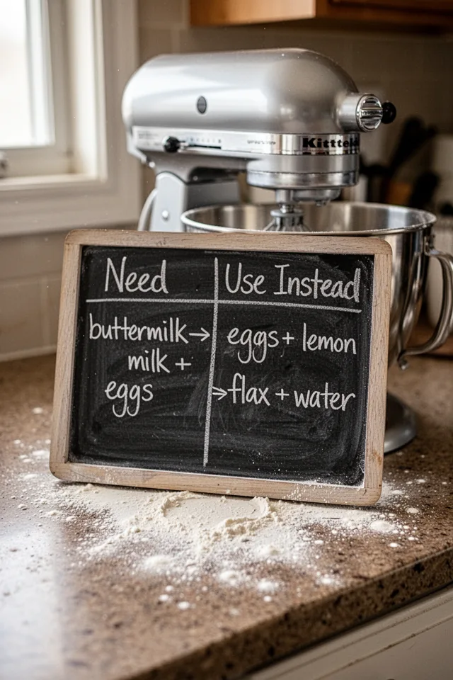 A small chalkboard propped against a stand mixer on a kitchen counter. The board is divided into two columns: "Need" and "Use Instead." Legible handwriting shows "buttermilk → milk + lemon," "eggs → flax + water." Flour dust lightly scattered on the counter. Soft morning light.