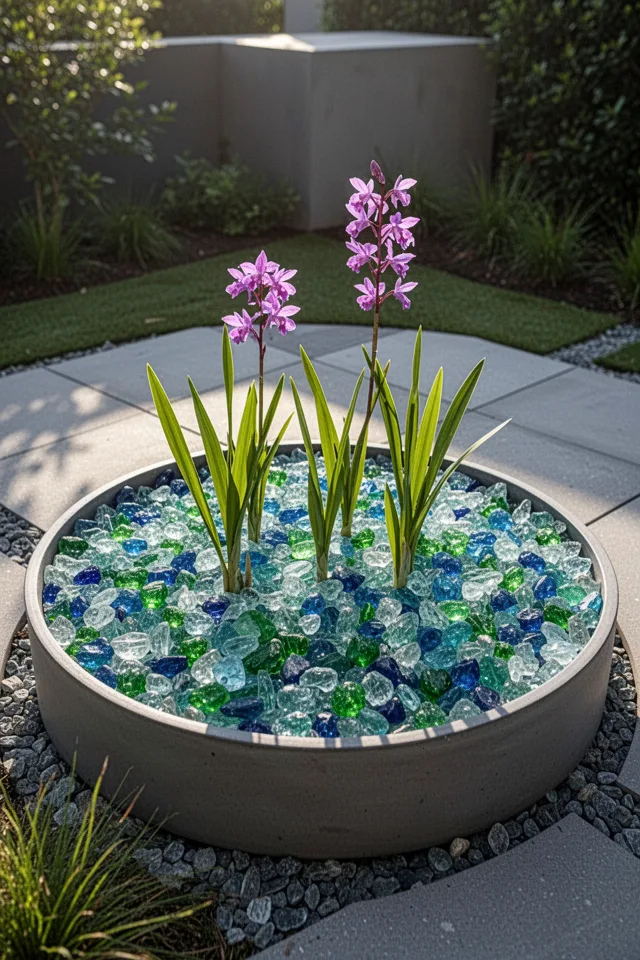 A small circular bed (3 feet diameter) filled with tumbled recycled glass in shades of blue and green. Rising from the glass are a few Bletilla striata (ground orchids) with purple flowers. The glass catches light, the orchids add height. Morning sun, modern garden.