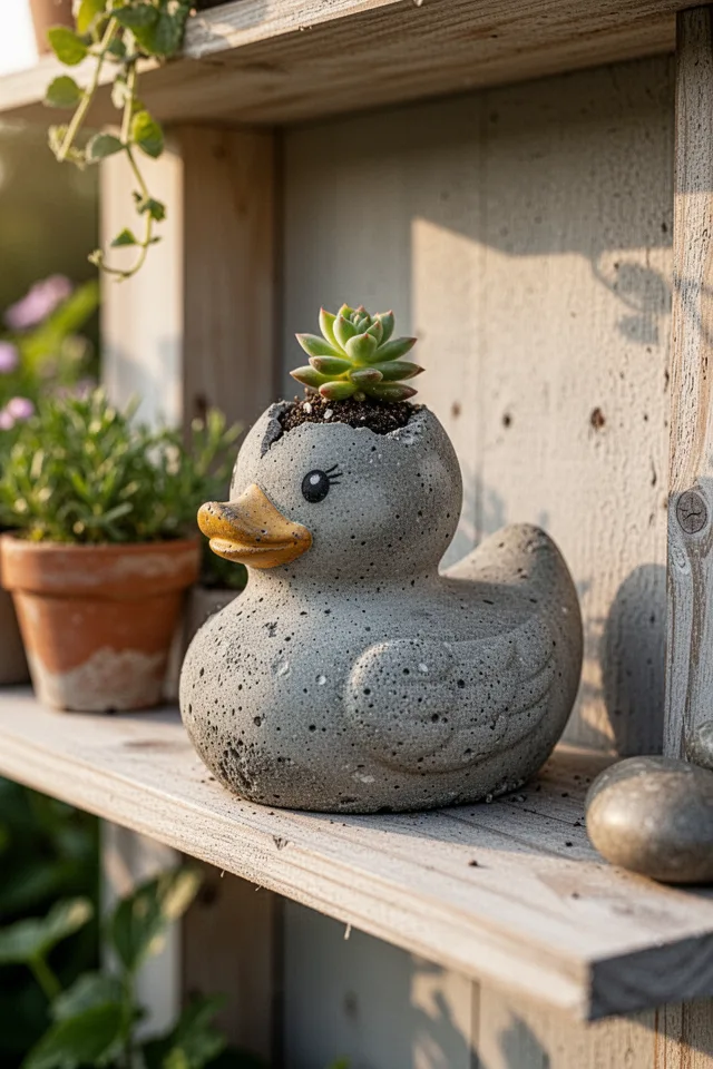 A small concrete planter shaped like a rubber duck, cast from a broken toy mold. The concrete is rough and gray. A tiny succulent grows from the top (where the mold was cut open). Whimsical garden shelf, afternoon light.