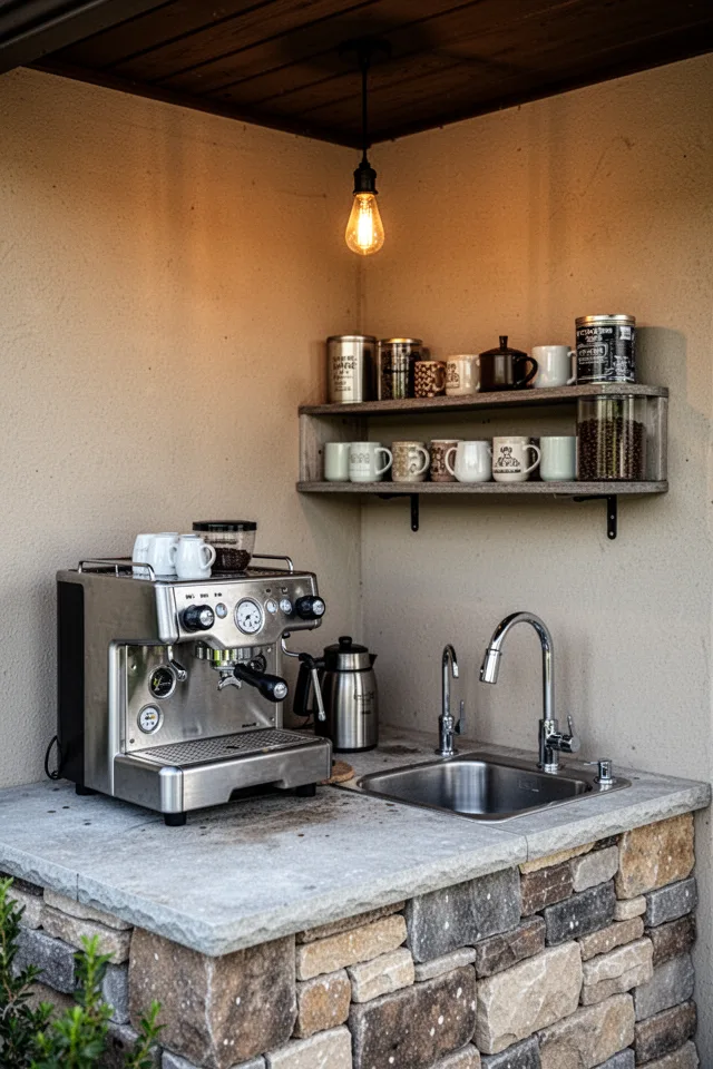 A small corner of a covered patio dedicated to coffee. A stainless steel espresso machine sits on a stone counter. A small utility sink with a gooseneck faucet is next to it. Above, a shelf holds mugs and a canister of beans. A dim Edison bulb hangs from the ceiling over the station.