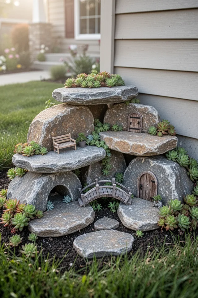 A small corner of a front yard with a cluster of flat rocks forming a tiny "village" of caves and platforms. Small fairy-sized accessories—a bench, a door, a tiny bridge—are tucked between the rocks. Miniature sedums fill the gaps. Morning light, whimsical.