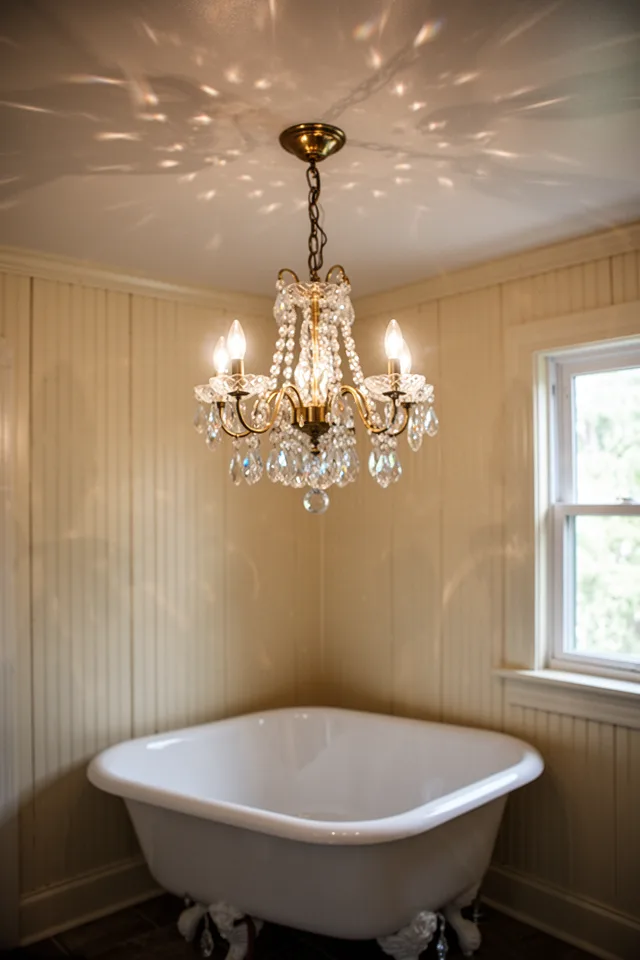 A small crystal chandelier with brass arms hanging in a bathroom above a clawfoot tub. The crystals are faceted, catching light from a nearby window and scattering it onto the ceiling and walls. The chandelier is modest — not oversized, just visible. The bathroom has beadboard walls painted a warm cream. The tub is white. The overall mood is calm, with a slight shimmer that does not feel flashy.