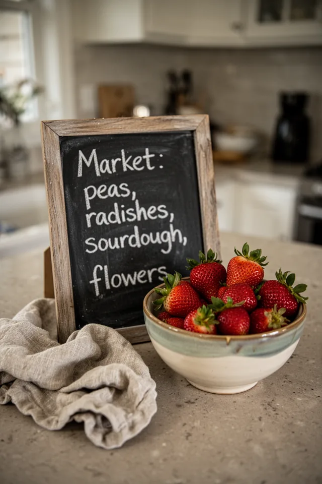 A small framed chalkboard leaning against a ceramic bowl of just-picked strawberries on a kitchen counter. The board reads "Market: peas, radishes, sourdough, flowers." Soft afternoon light, slightly warm tones. A linen towel is bunched nearby. Lens: 35mm, shallow depth of field. Realistic home setting, not styled within an inch of its life.