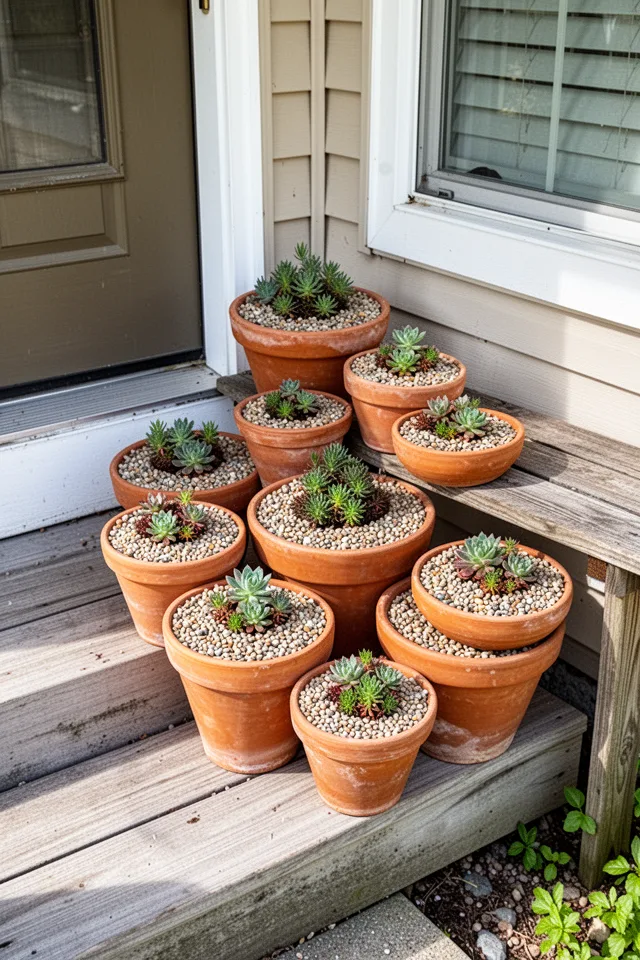 A small front porch and stoop with a collection of terra cotta pots in various sizes, each planted with a small succulent or alpine plant and topped with a layer of pea gravel. The pots are clustered together on a wooden bench. Bright morning light.