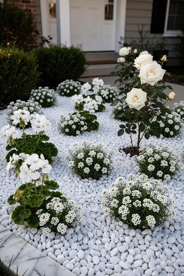 A small front yard covered in white marble chips (1/2 inch). Planted throughout are white-blooming perennials—white geraniums, white alyssum, and a white rose bush. The effect is monochromatic and luminous. Soft afternoon light.