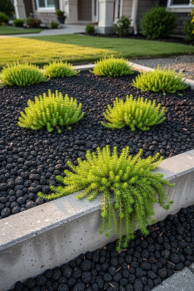 A small front yard with a bed of black lava rock (1/2 inch size) surrounding clusters of lime green sedum 