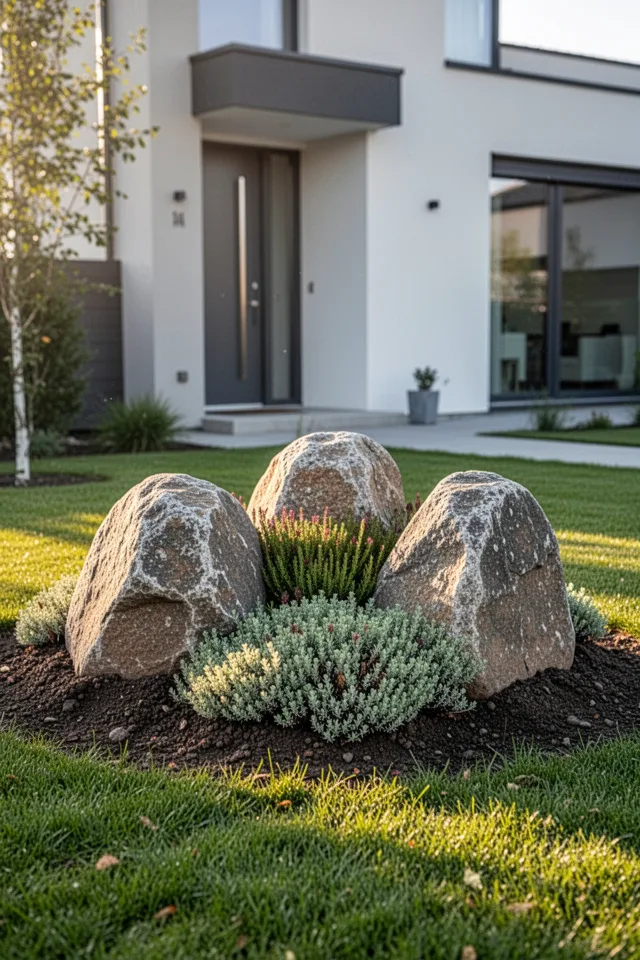 A small front yard with a cluster of three weathered boulders (2-3 feet each) partially buried in the ground. Between them, low mounds of creeping thyme and sedum spill over the rocks. Morning sun, clean modern house.