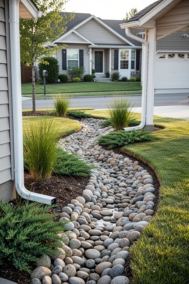A small front yard with a gently curving dry creek bed made of smooth river rocks, winding from the downspout toward the street. The creek bed is bordered by low sedges and creeping juniper. Morning light, tidy suburban house in background.