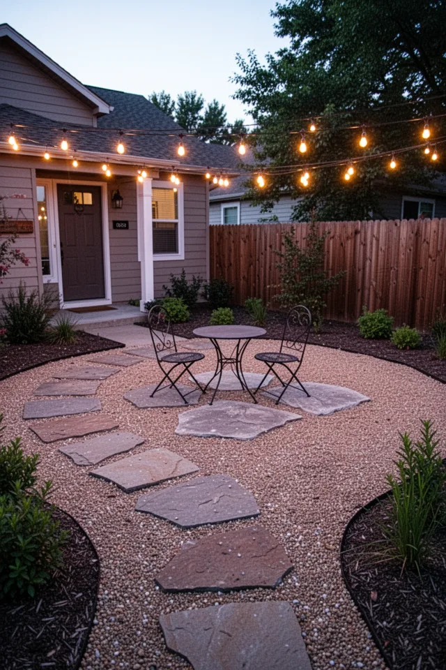 A small front yard with a gravel seating area (10x10 feet) made of decomposed granite. Large irregular flagstones are set into the gravel as a path and a small seating pad. A bistro table and two chairs sit on the flagstones. Overhead string lights, evening glow.