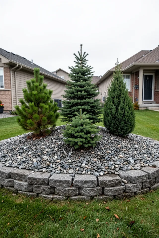A small front yard with a low raised mound (18 inches tall) covered in small river rocks and planted with three dwarf conifers—a mugo pine, a dwarf spruce, and a juniper. The rocks are gray, the conifers deep green. Overcast light.